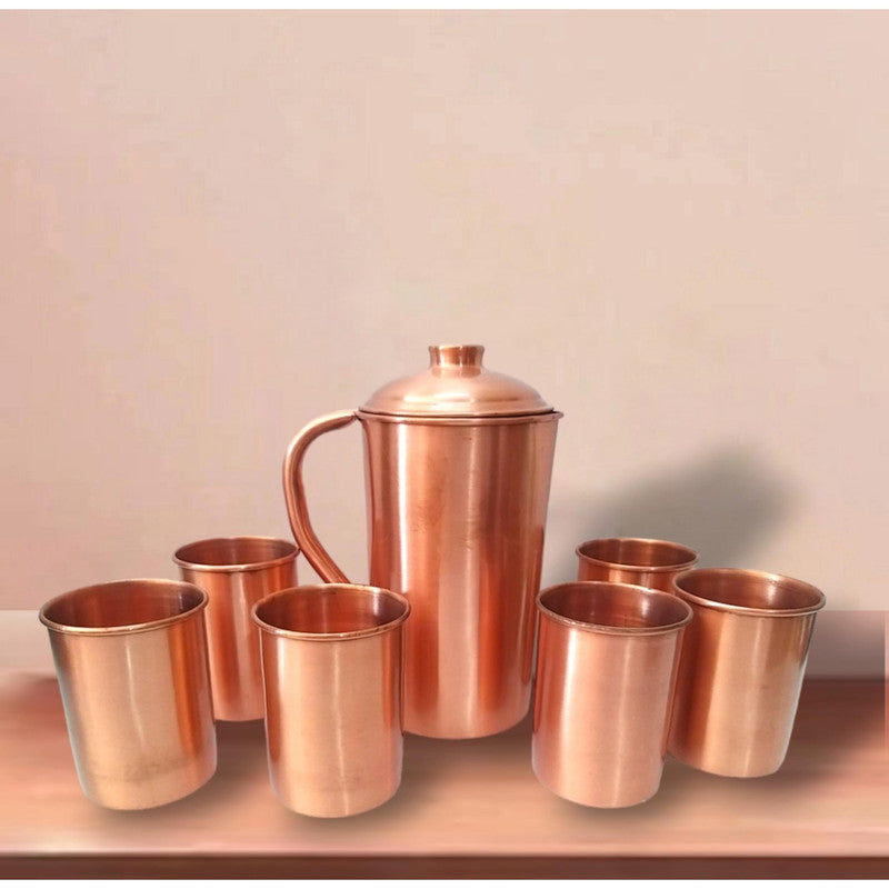 Copper Jug Pitcher With 6 pcs Copper Glasses Set | Home Kitchen Decor (1883)