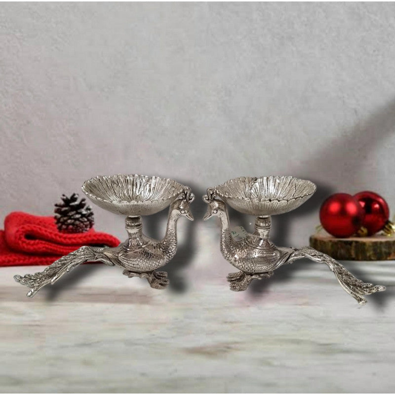 2 Pcs German Silver Peacock DIYA | Home Decor Festival Decoration (2266)