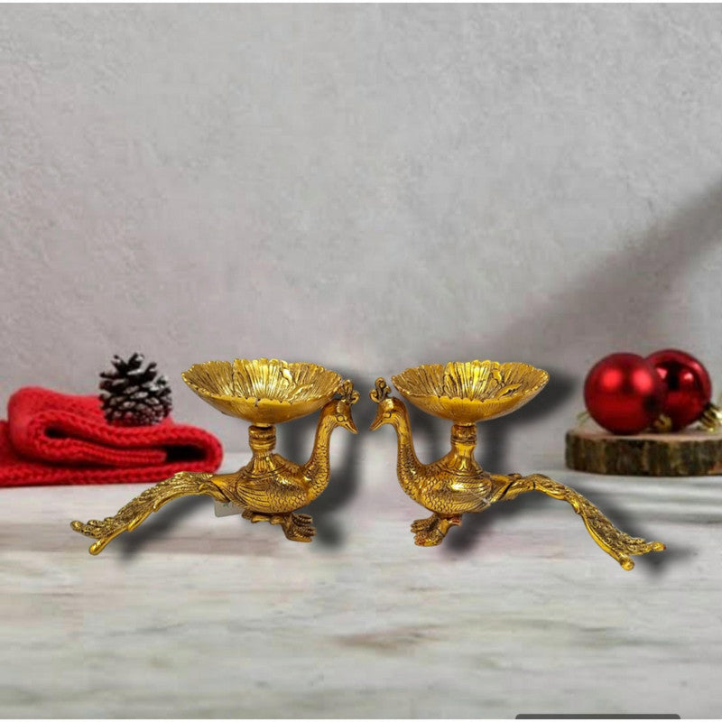 2 Pcs Gold Plated Peacock DIYA | Home Decor Festival Decoration (2273)