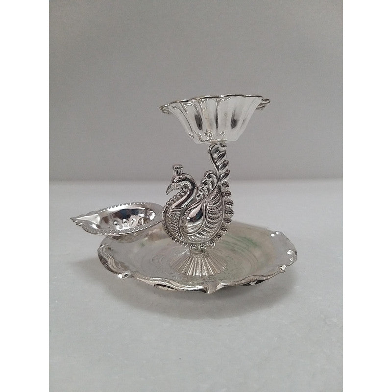 Silver Peacock Style Diya Lamp Vilakku for Puja Gifts and Home Decor (2318)