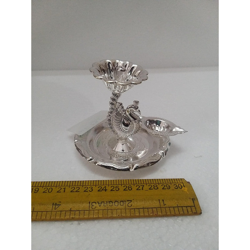 Silver Peacock Style Diya Lamp Vilakku for Puja Gifts and Home Decor (2318)