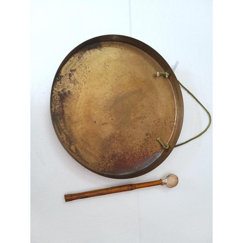 Vintage Round Plate Old Brass Metal Original Gong Bell With Wooden Stick | From Ship Salvage (2440)