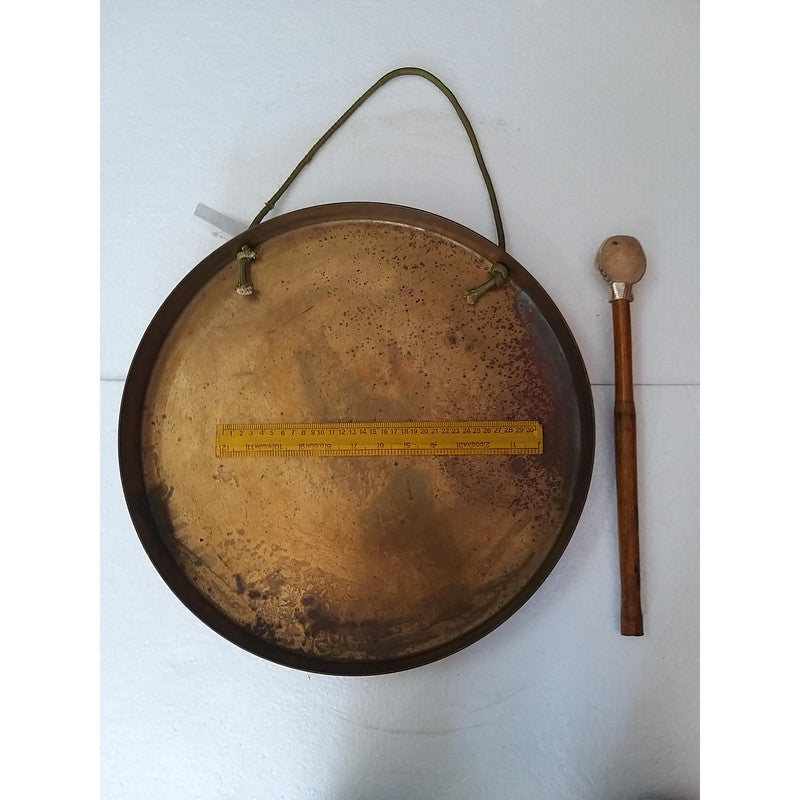 Vintage Round Plate Old Brass Metal Original Gong Bell With Wooden Stick | From Ship Salvage (2440)