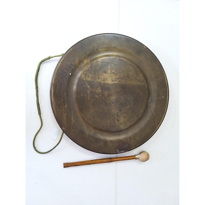 Vintage Round Plate Old Brass Metal Original Gong Bell With Wooden Stick | From Ship Salvage (2449)