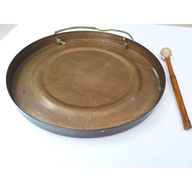 Vintage Round Plate Old Brass Metal Original Gong Bell With Wooden Stick | From Ship Salvage (2449)