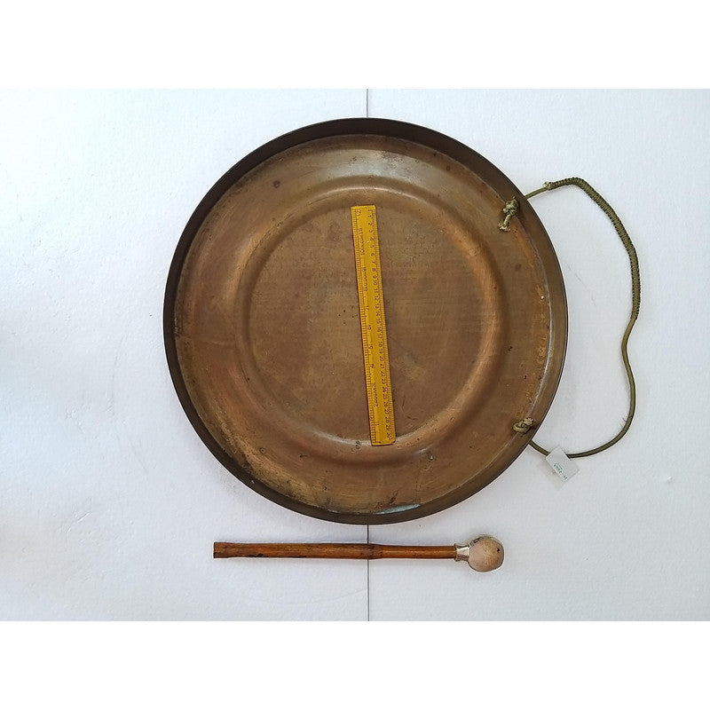 Vintage Round Plate Old Brass Metal Original Gong Bell With Wooden Stick | From Ship Salvage (2449)