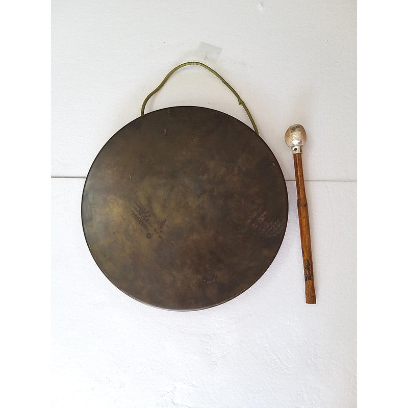 Vintage Round Plate Old Brass Metal Original Gong Bell With Wooden Stick | From Ship Salvage (2460)