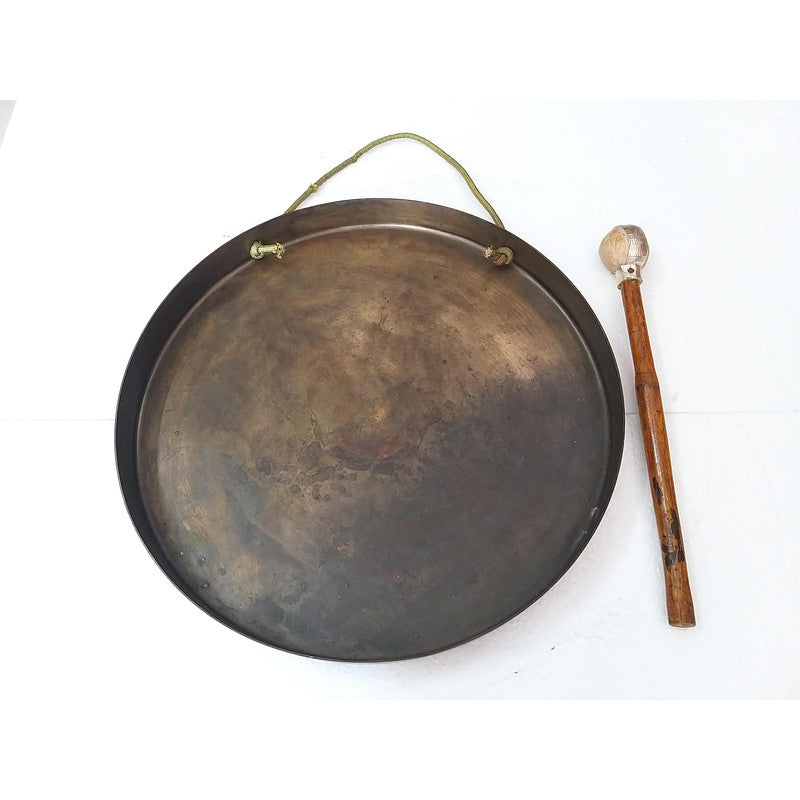 Vintage Round Plate Old Brass Metal Original Gong Bell With Wooden Stick | From Ship Salvage (2460)