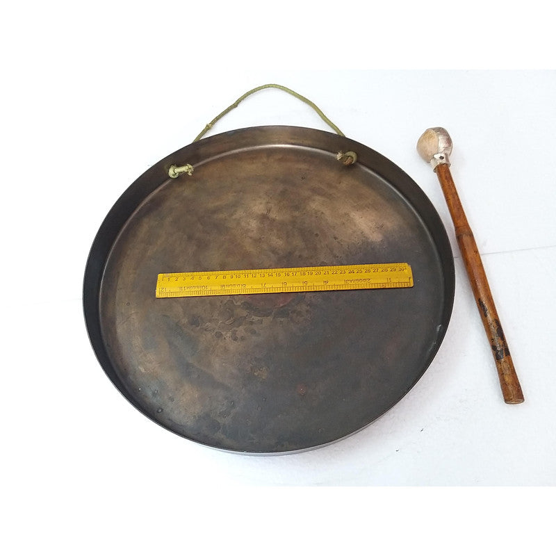 Vintage Round Plate Old Brass Metal Original Gong Bell With Wooden Stick | From Ship Salvage (2460)