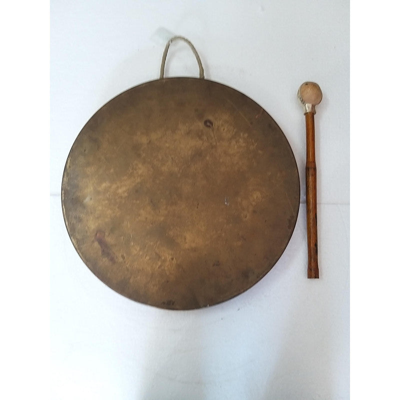 Vintage Round Plate Old Brass Metal Original Gong Bell With Wooden Stick | From Ship Salvage (2463)