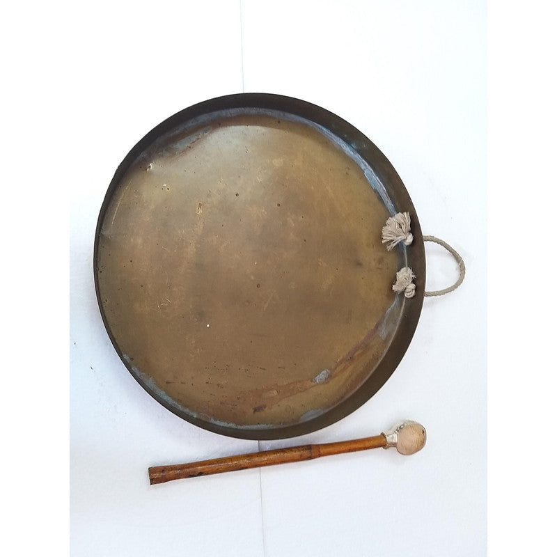 Vintage Round Plate Old Brass Metal Original Gong Bell With Wooden Stick | From Ship Salvage (2463)