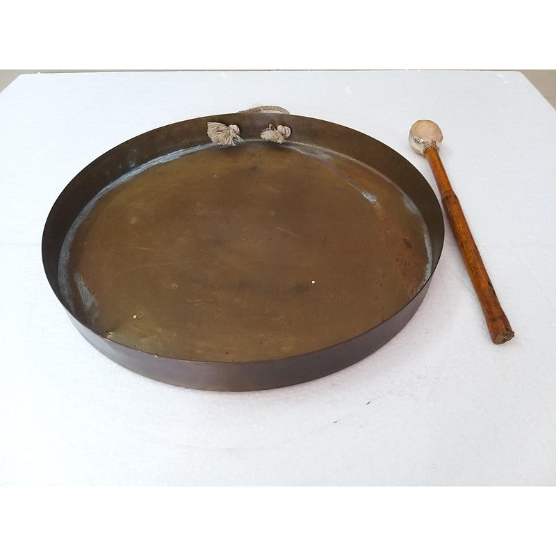 Vintage Round Plate Old Brass Metal Original Gong Bell With Wooden Stick | From Ship Salvage (2463)