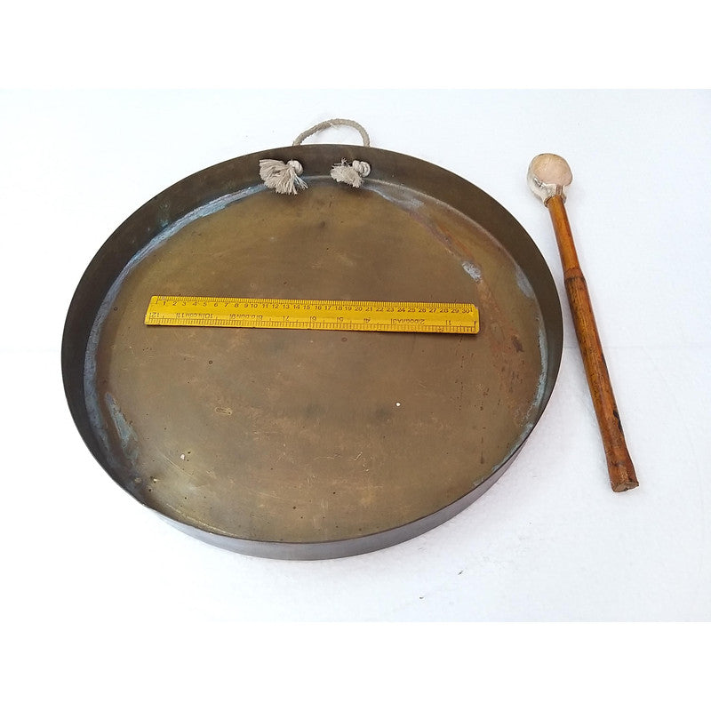 Vintage Round Plate Old Brass Metal Original Gong Bell With Wooden Stick | From Ship Salvage (2463)