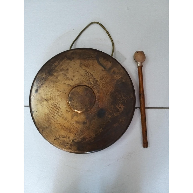 Vintage Round Plate Old Brass Metal Original Gong Bell With Wooden Stick | From Ship Salvage (2465)