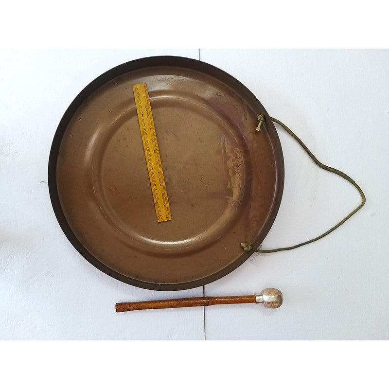 Vintage Round Plate Old Brass Metal Original Gong Bell With Wooden Stick | From Ship Salvage (2472)