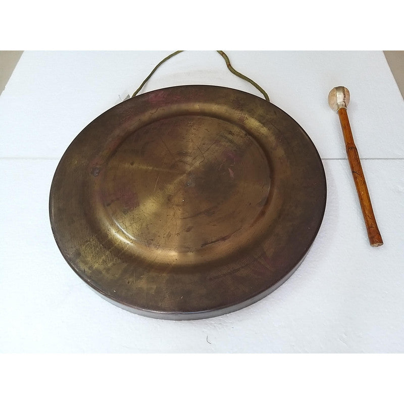 Vintage Round Plate Old Brass Metal Original Gong Bell With Wooden Stick | From Ship Salvage (2472)