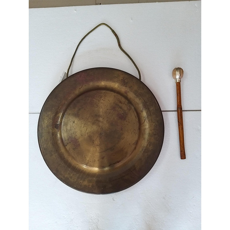 Vintage Round Plate Old Brass Metal Original Gong Bell With Wooden Stick | From Ship Salvage (2472)