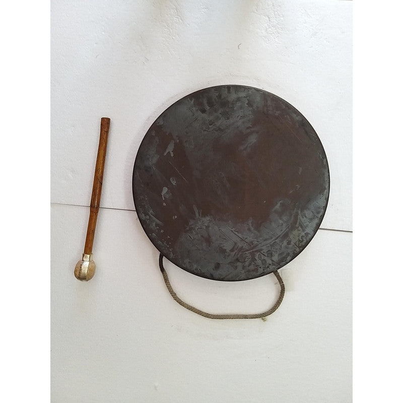 Vintage Round Plate Old Brass Metal Original Gong Bell With Wooden Stick | From Ship Salvage (2490)