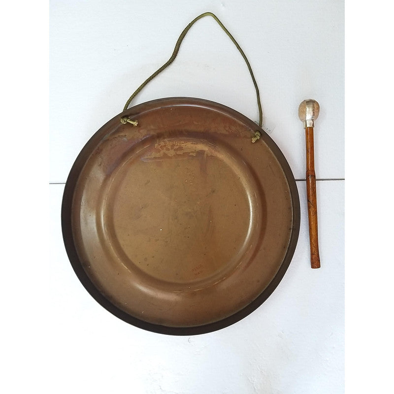 Vintage Round Plate Old Brass Metal Original Gong Bell With Wooden Stick | From Ship Salvage (2490)