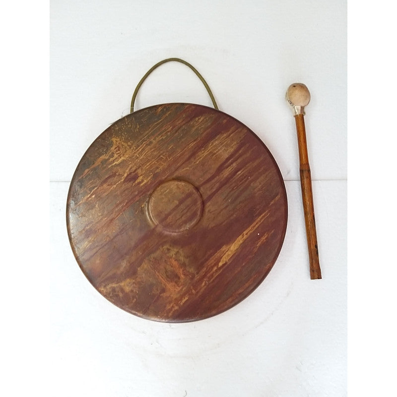 Vintage Round Plate Old Brass Metal Original Gong Bell With Wooden Stick | From Ship Salvage (2498)