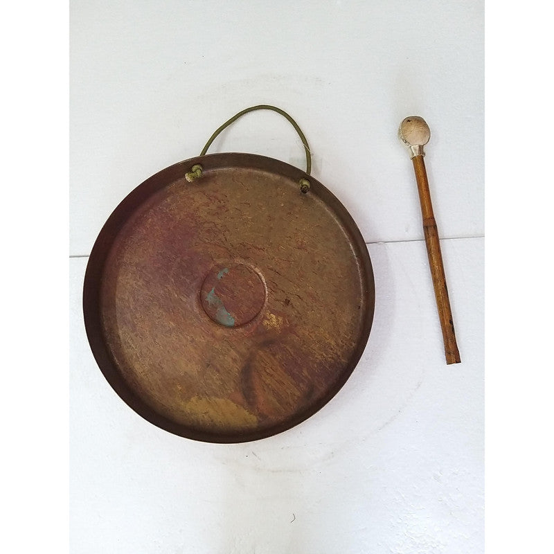 Vintage Round Plate Old Brass Metal Original Gong Bell With Wooden Stick | From Ship Salvage (2498)