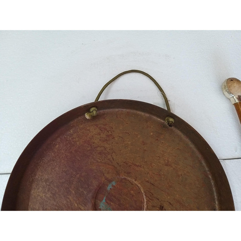 Vintage Round Plate Old Brass Metal Original Gong Bell With Wooden Stick | From Ship Salvage (2498)