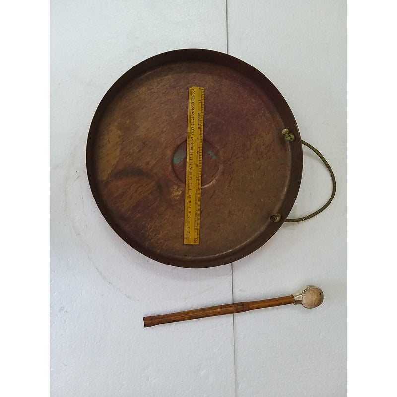 Vintage Round Plate Old Brass Metal Original Gong Bell With Wooden Stick | From Ship Salvage (2498)