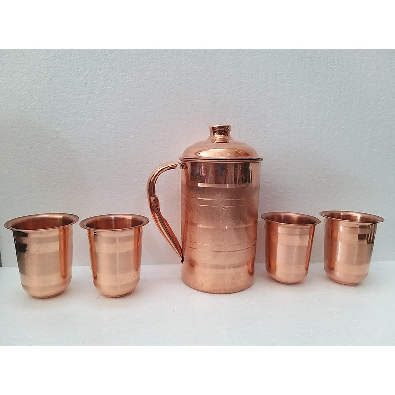 Copper Jug Pitcher With 4 pcs Copper Glasses Set | Home Kitchen Decor (1884)