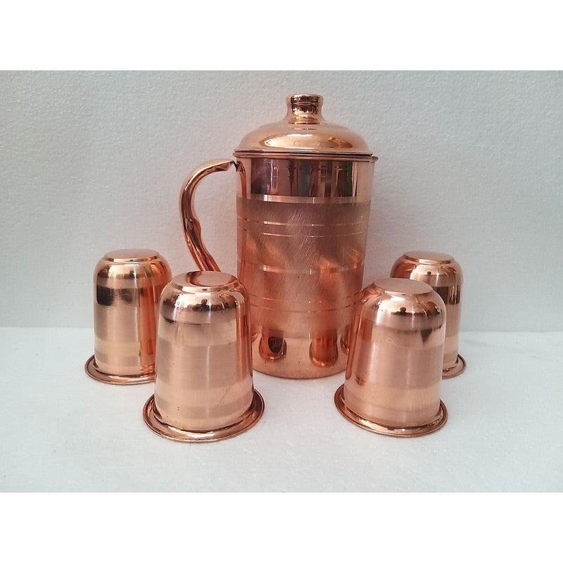 Copper Jug Pitcher With 4 pcs Copper Glasses Set | Home Kitchen Decor (1884)